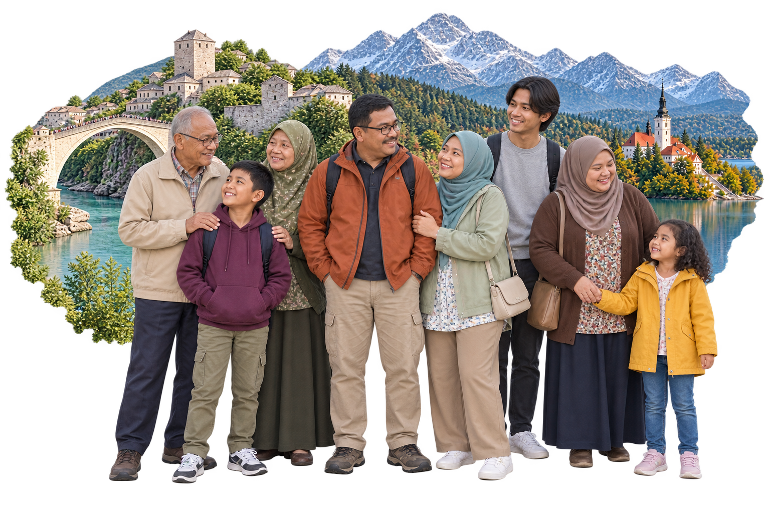 Kolaj ilustrasi lapan ahli keluarga Melayu Malaysia bersama landmark Mostar dan Lake Bled