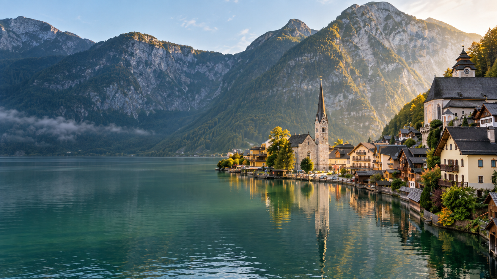 Visual inspirasi Hallstatt, kampung tepi tasik di Austria dengan latar gunung Alpine