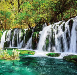 Air terjun dan kolam biru kehijauan Jiuzhaigou