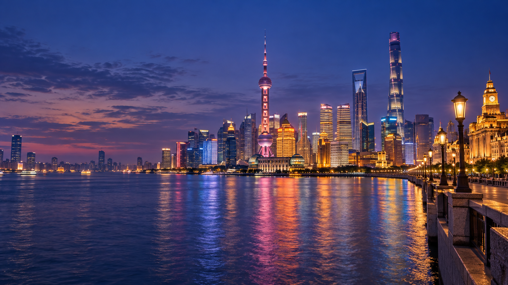 Visual inspirasi skyline Shanghai dan pantulan cahaya di sungai