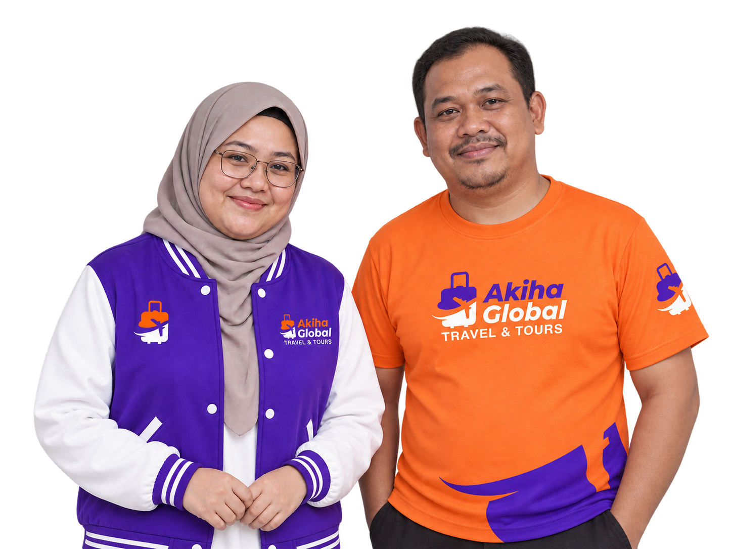 Visual ilustrasi dua hos Melayu Malaysia memakai outfit Akiha Global