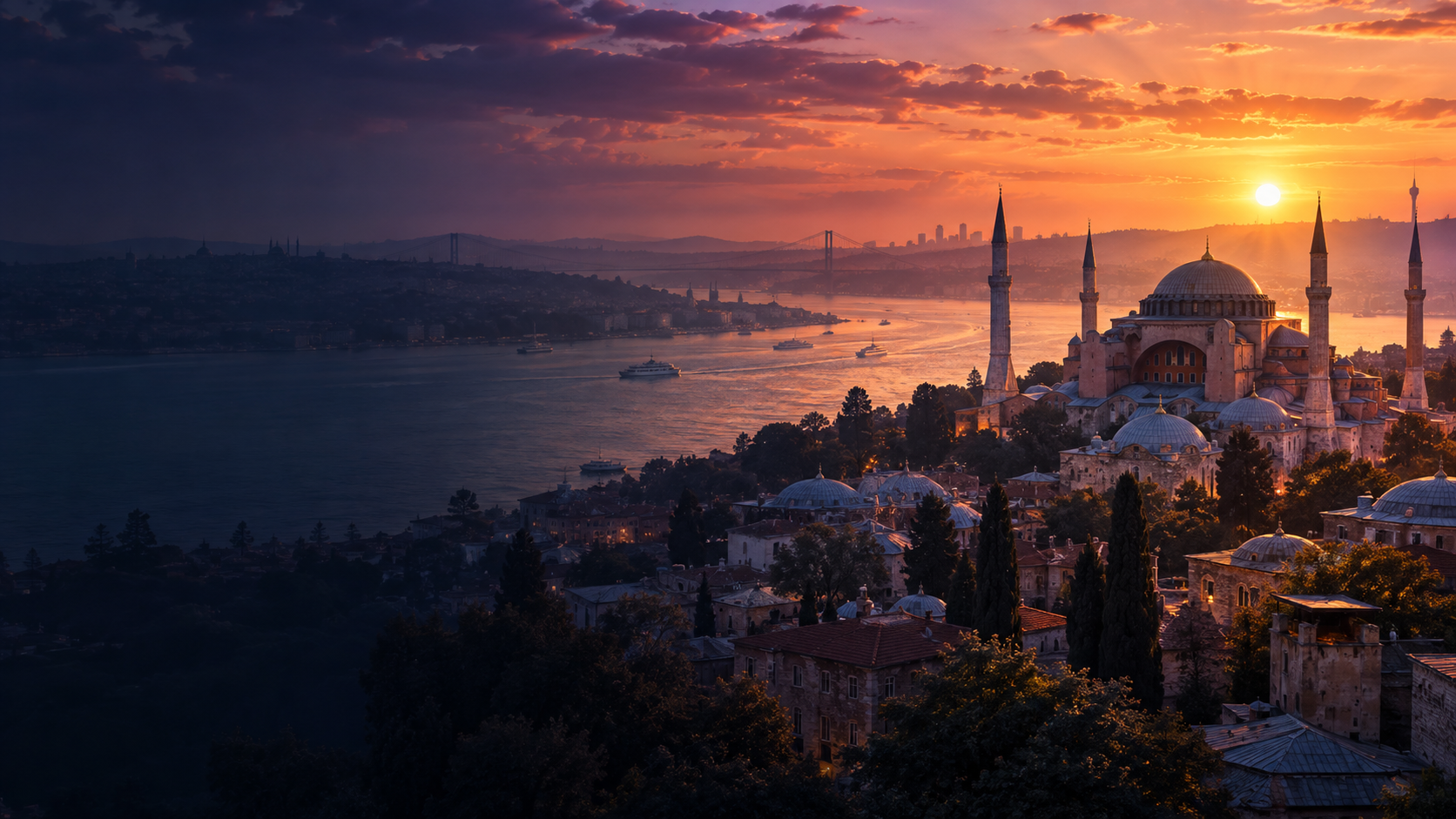 Visual ilustrasi Istanbul dengan Hagia Sophia ketika matahari terbit
